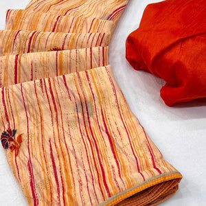 Light Orange Printed Raw Silk Saree With Fancy Border