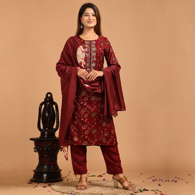 Maroon Printed With Embroidered Rayon Salwar Suit