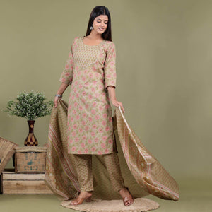 Light Brown Floral Printed Pure Cotton Suit