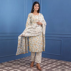 Cream And Brown Floral Printed Pure Cotton Suit