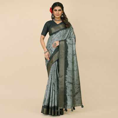 Grey Printed Cotton Silk Saree With Zari Border