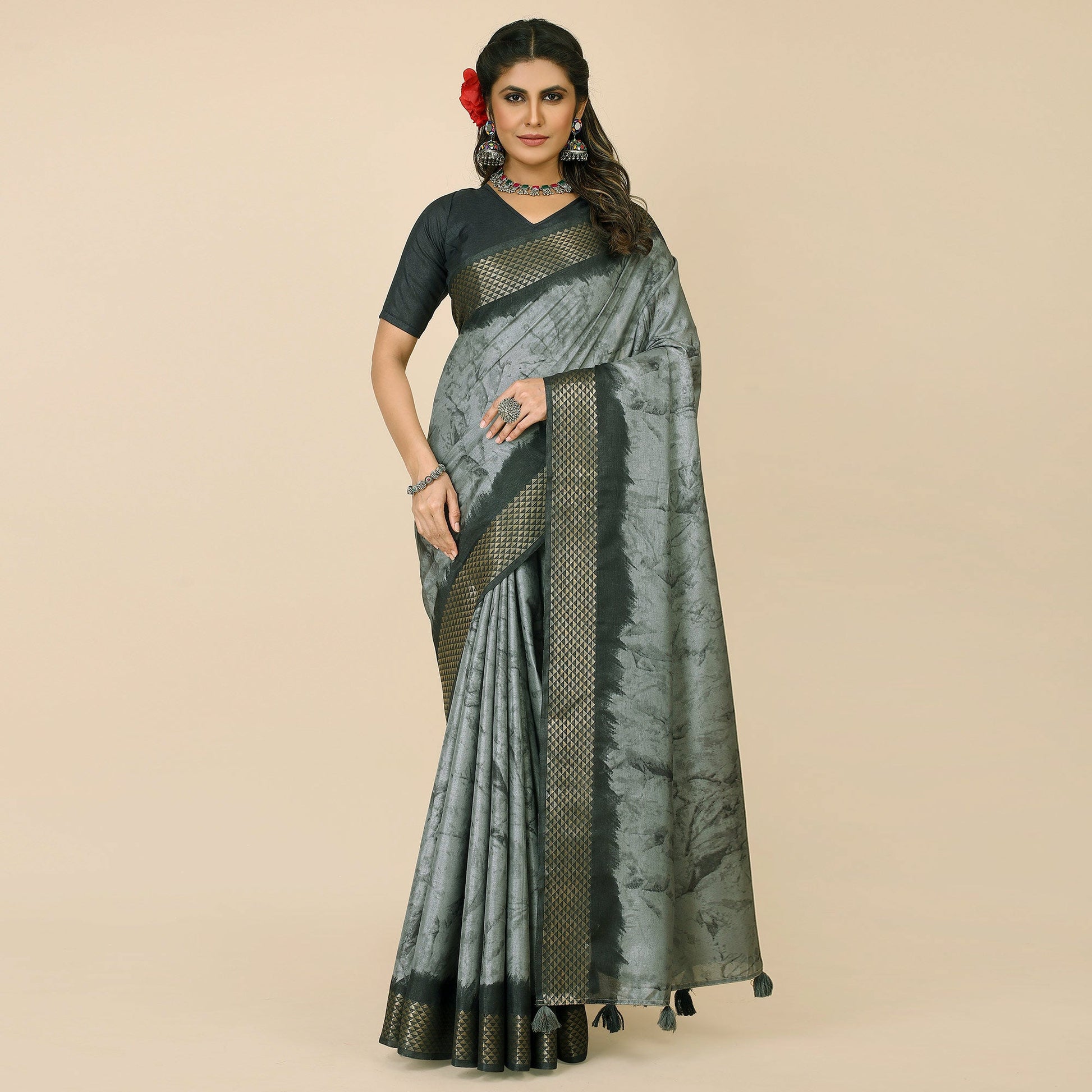 Grey Printed Cotton Silk Saree With Zari Border