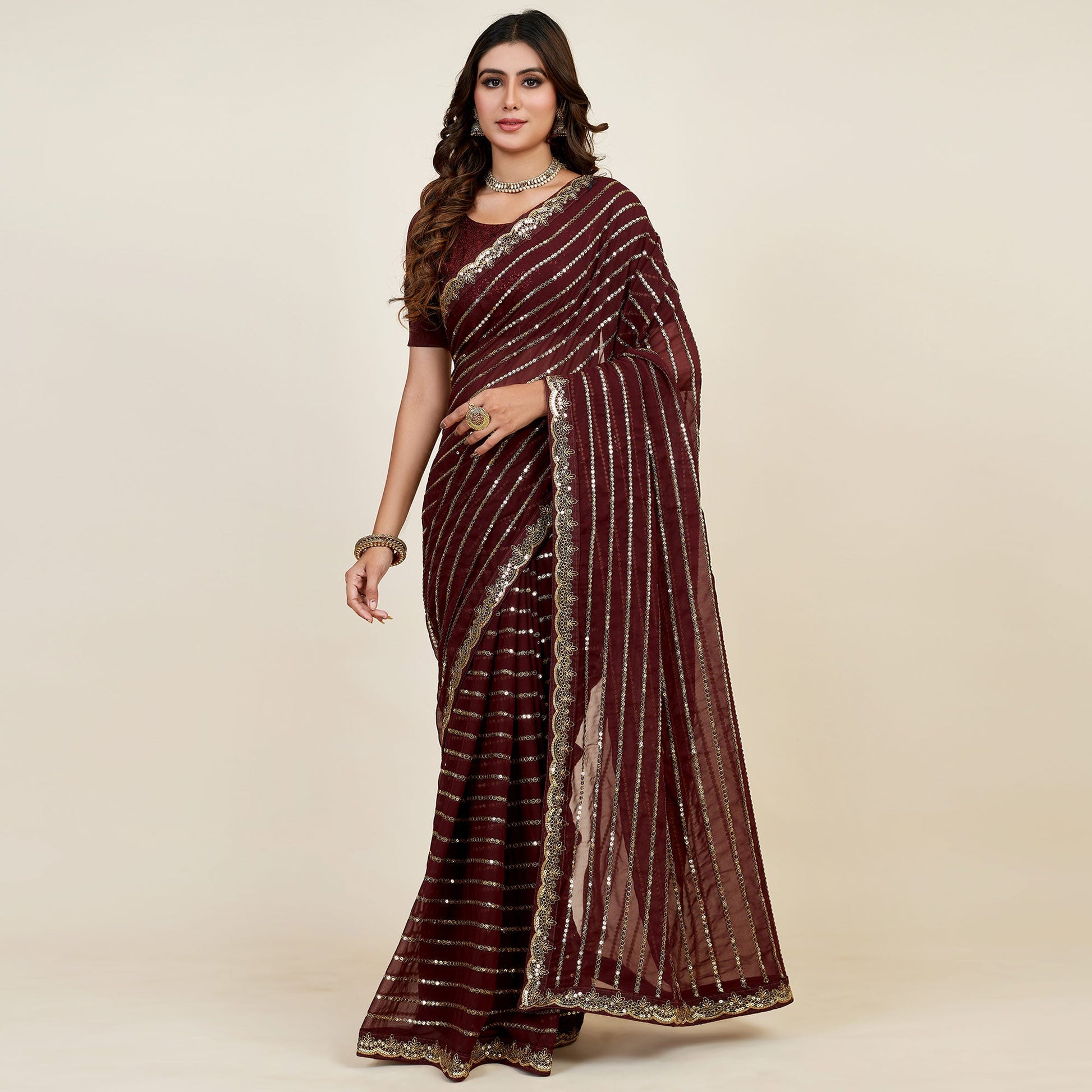 Brown Sequins Embroidered Georgette Saree