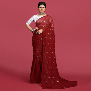 Maroon Sequins Embroidered Georgette Saree