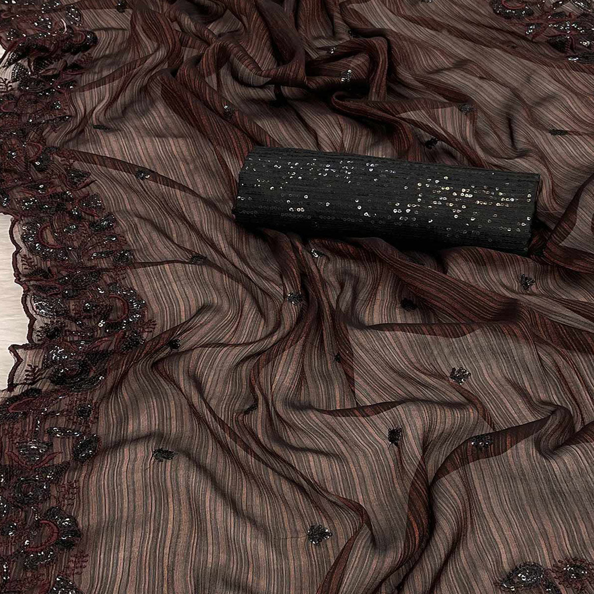 Dark Maroon Sequins Embroidered Chiffon Saree