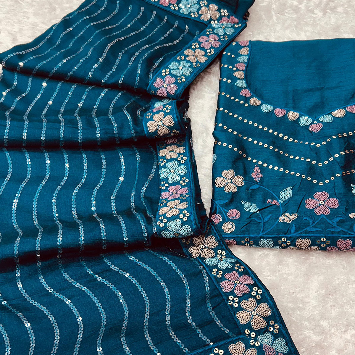 Morpich Blue Sequins Embroidered Vichitra Silk Saree