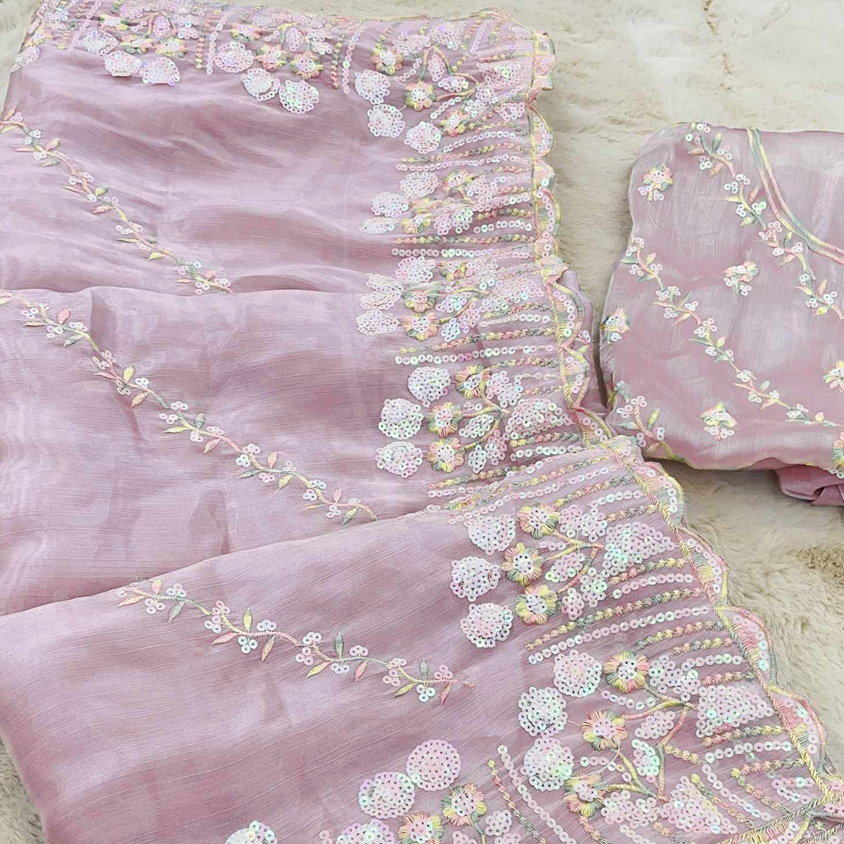 Light Mauve Sequins Embroidered Chiffon Saree