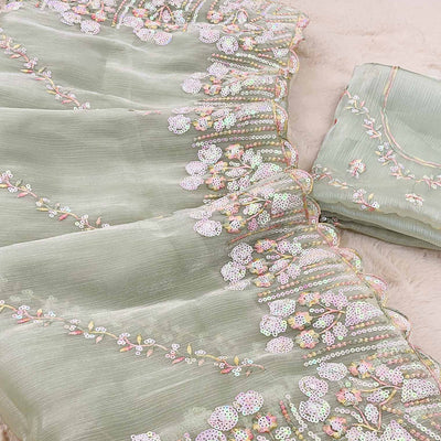 Light Pista Green Sequins Embroidered Chiffon Saree