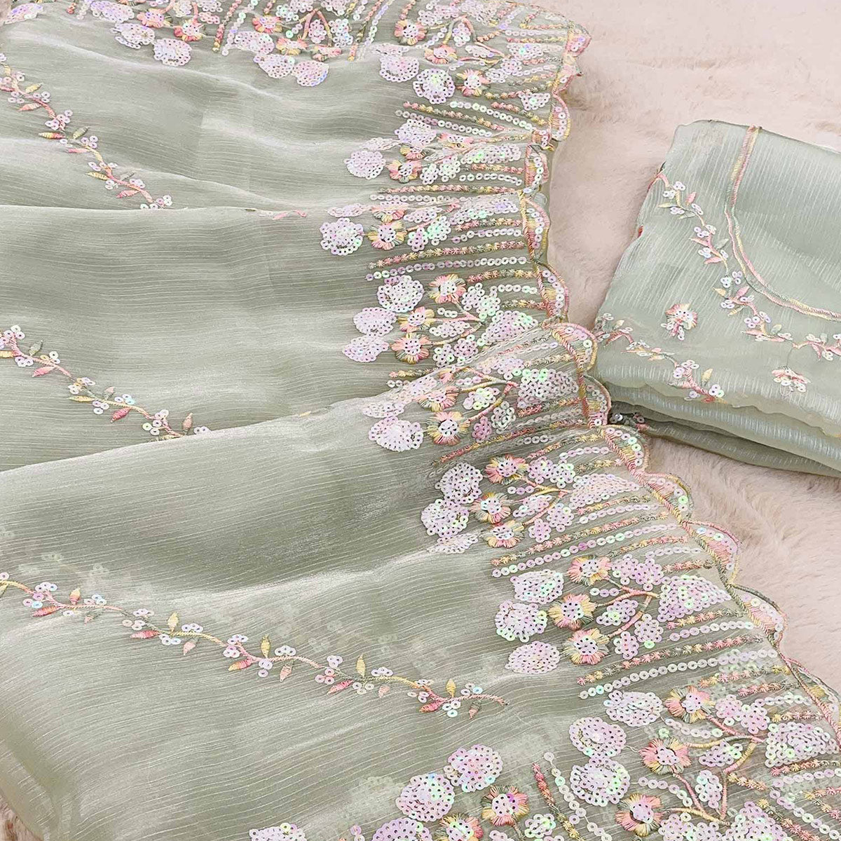 Light Pista Green Sequins Embroidered Chiffon Saree