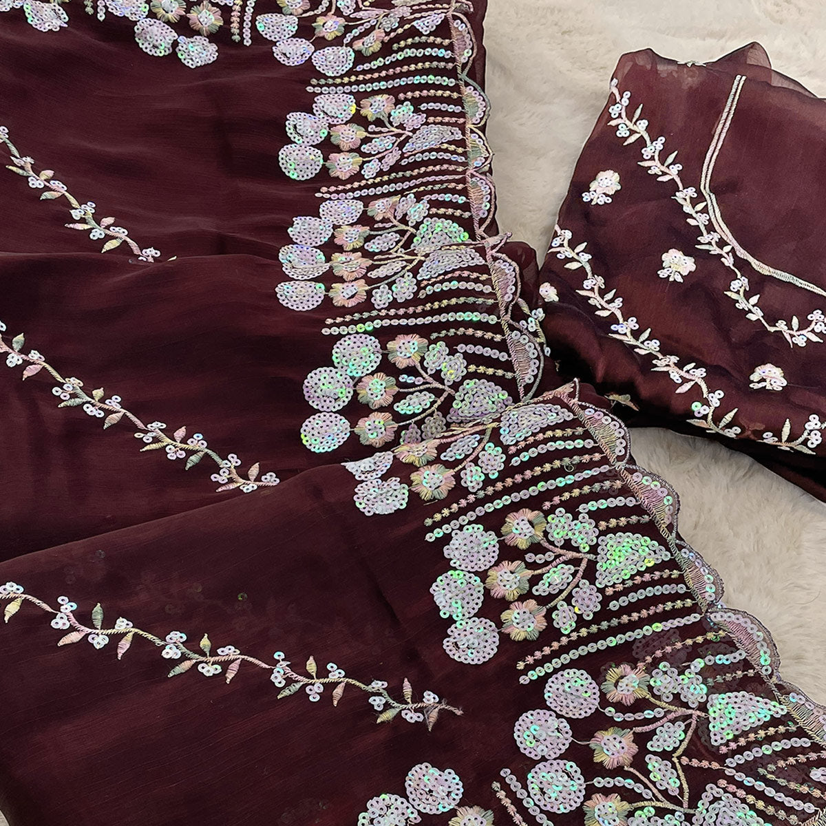 Dark Maroon Sequins Embroidered Chiffon Saree