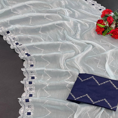 Light Blue Sequins Embroidered Chiffon Saree