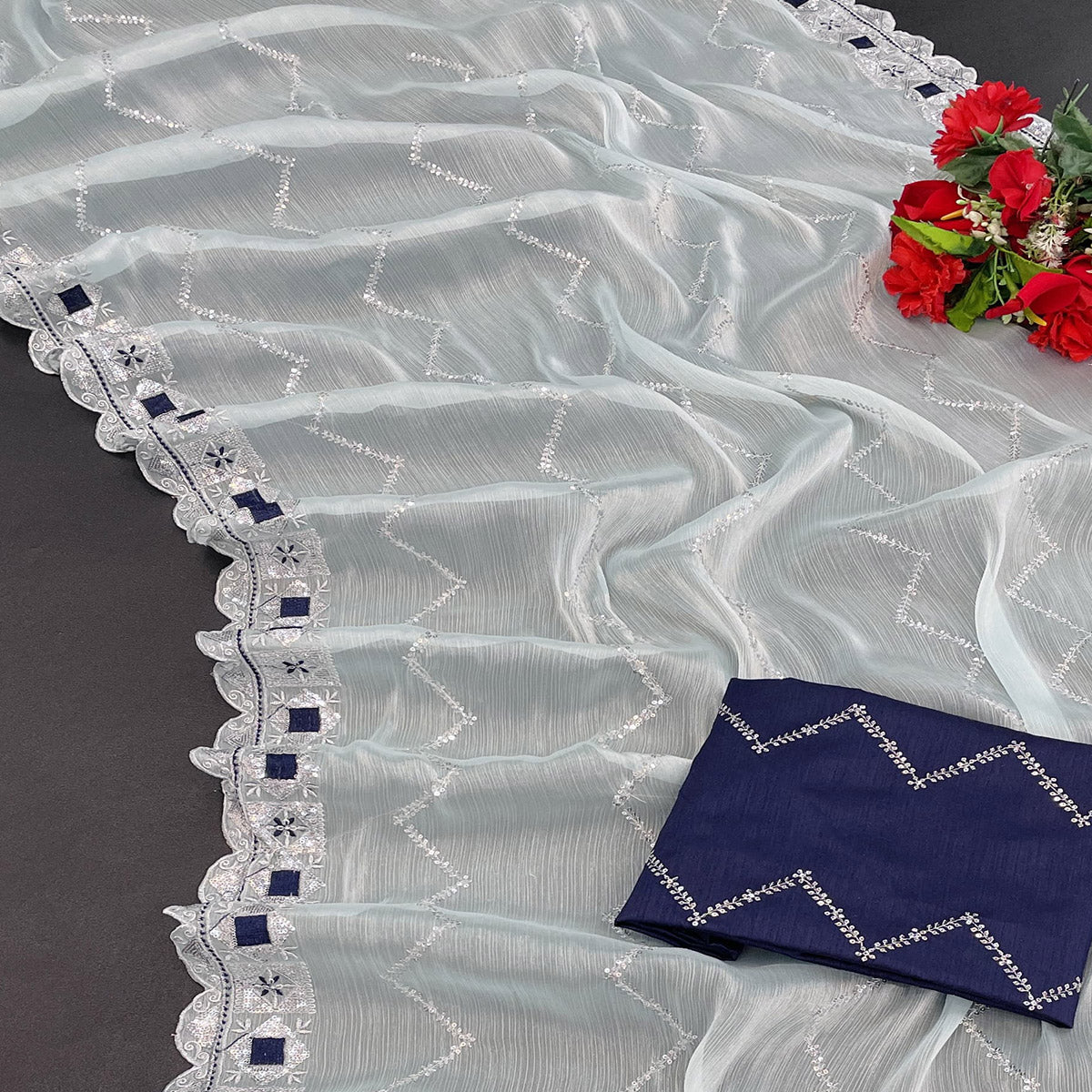 Light Blue Sequins Embroidered Chiffon Saree