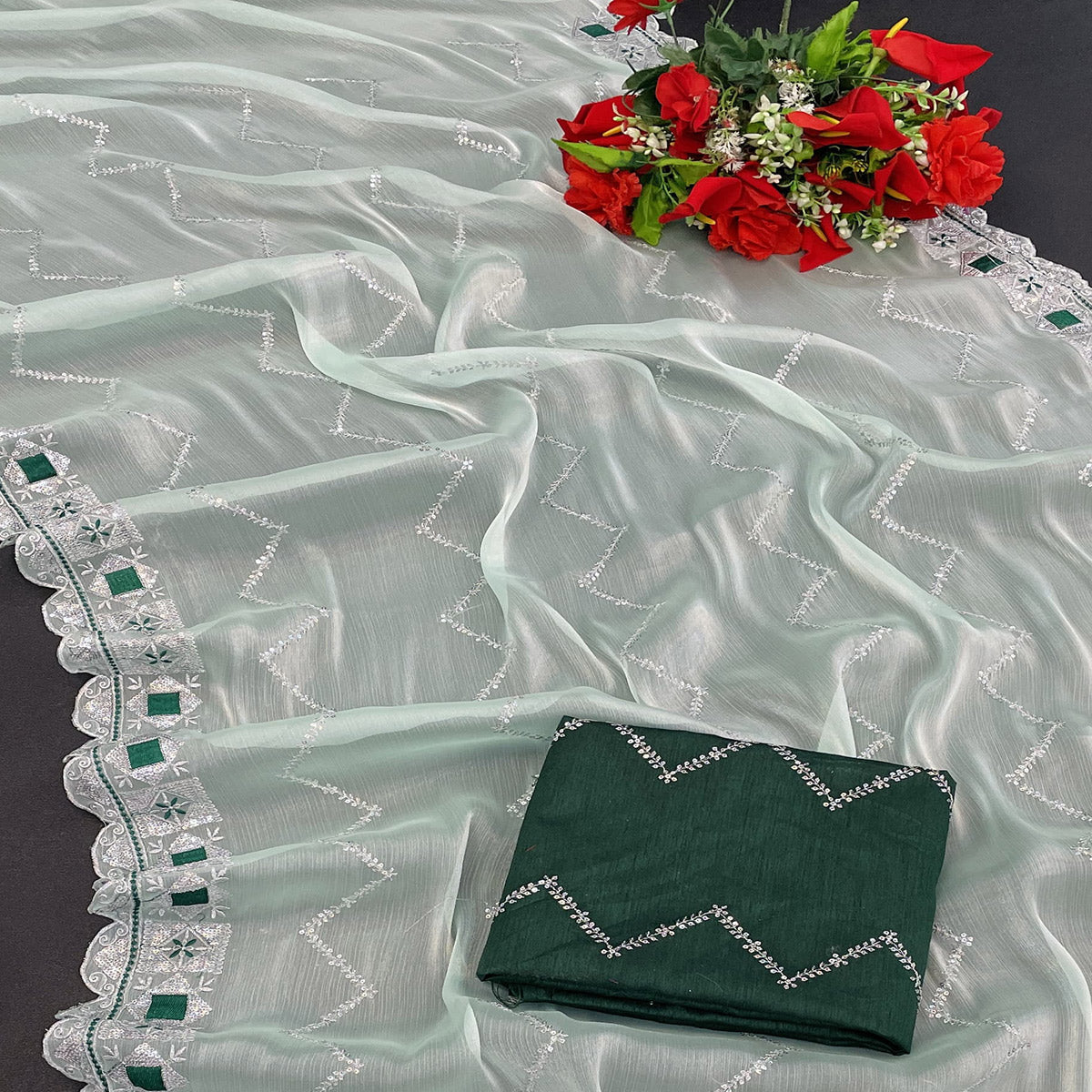 Light Green Sequins Embroidered Chiffon Saree