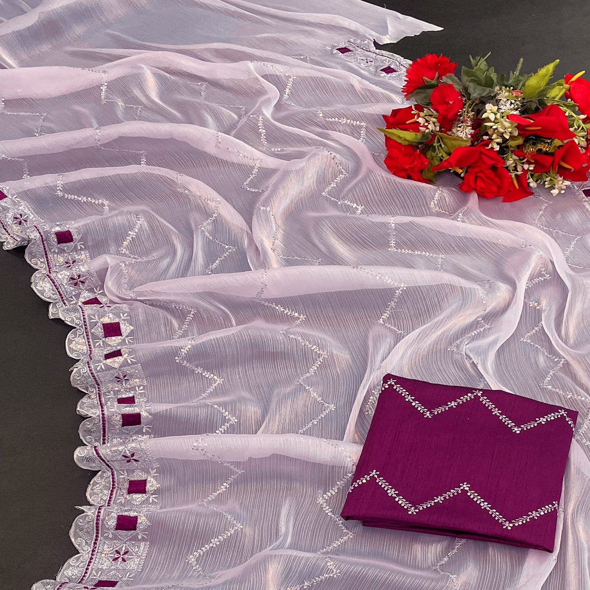 Light Purple Sequins Embroidered Chiffon Saree