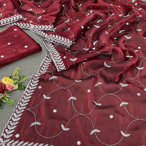 Maroon Sequins Embroidered Chiffon Silk Saree