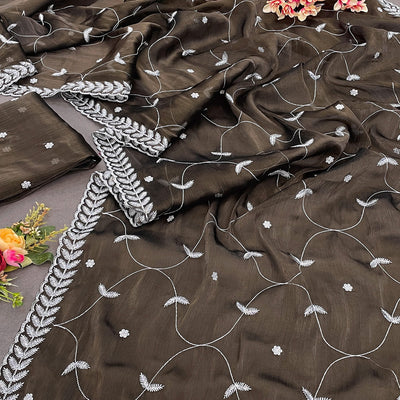 Mehendi Green Sequins Embroidered Chiffon Silk Saree