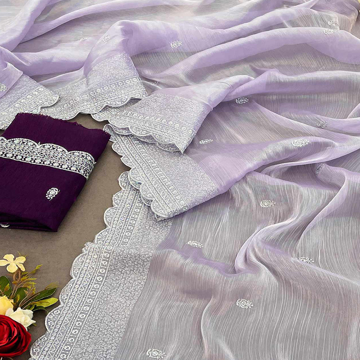 Lavender Sequins Embroidered Chiffon Saree