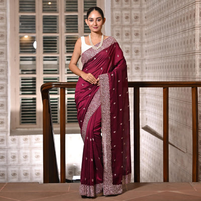 Maroon Embroidered Vichitra Silk Saree