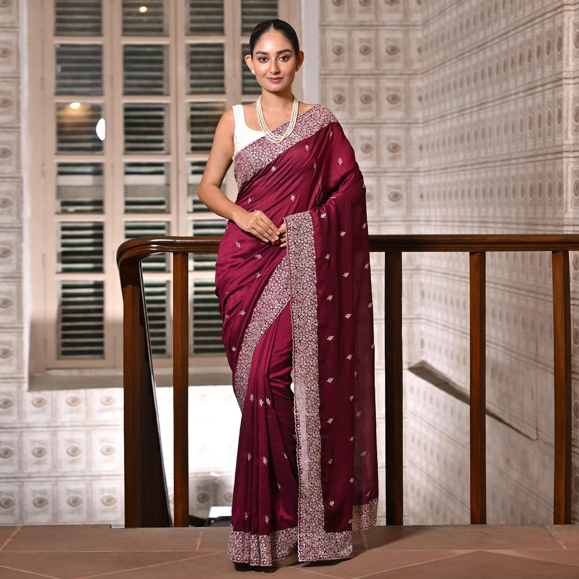 Maroon Embroidered Vichitra Silk Saree