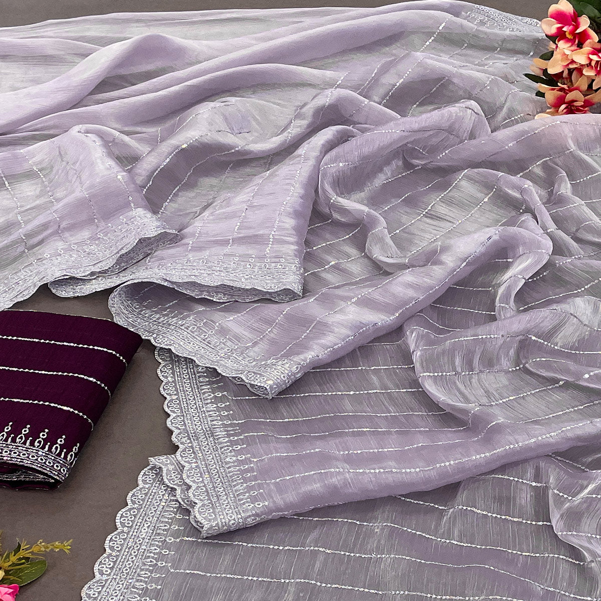 Lavender Sequins Embroidered Chiffon Silk Saree