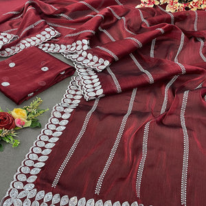 Maroon Sequins Embroidered Chiffon Silk Saree