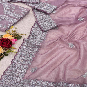 Mauve Floral Embroidered Net Saree