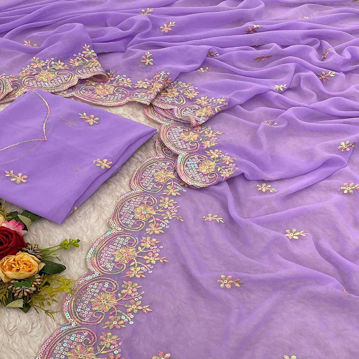 Lavender Floral Sequins Embroidered Georgette Saree
