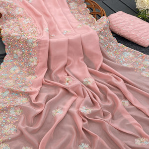 Dusty Pink Floral Sequins Embroidered Crepe Silk Saree