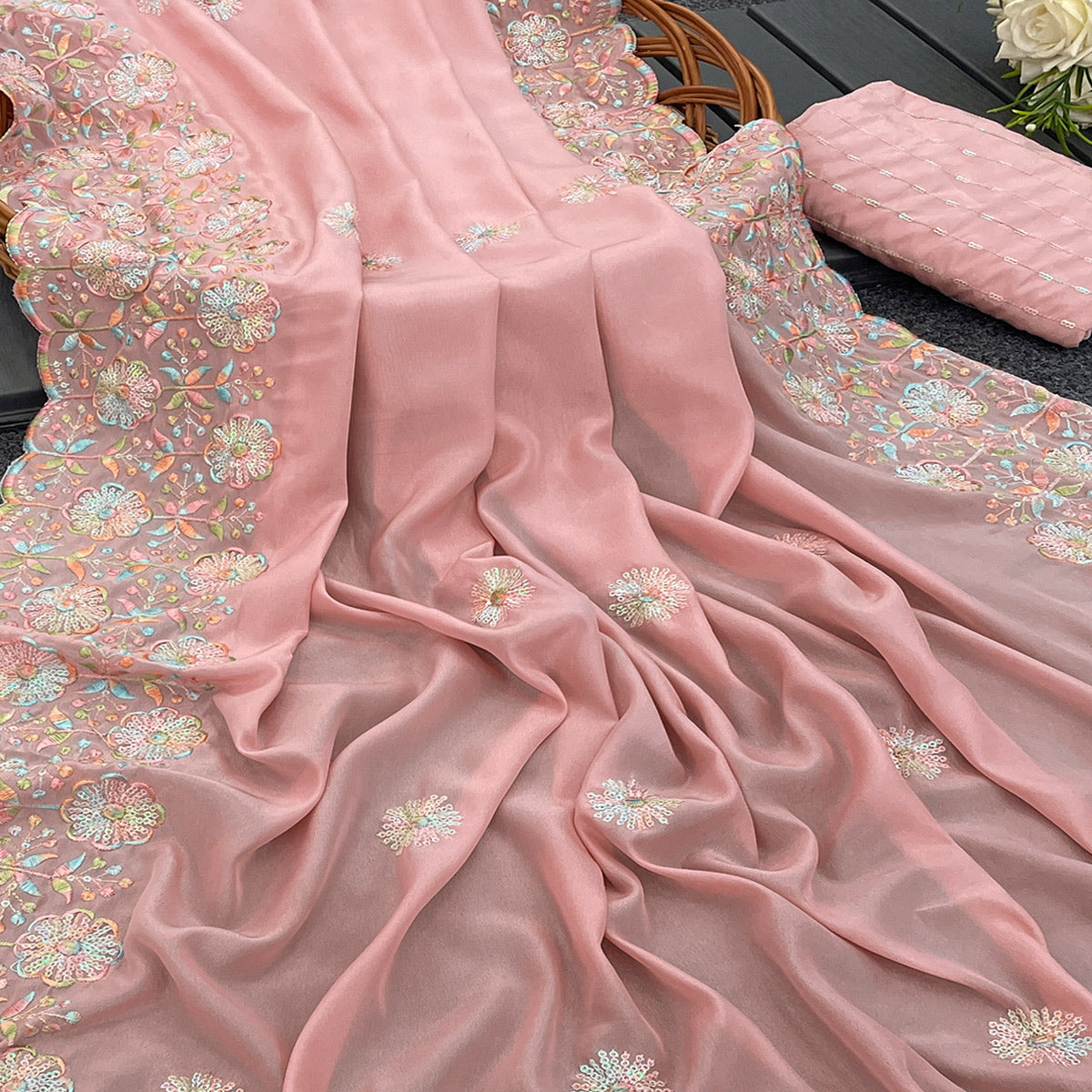 Dusty Pink Floral Sequins Embroidered Crepe Silk Saree