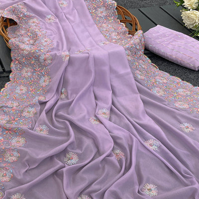 Light Purple Floral Sequins Embroidered Crepe Silk Saree