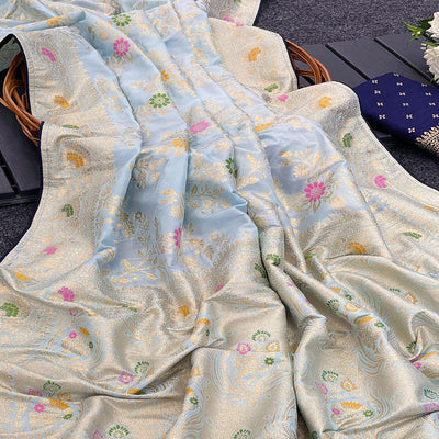Light Sky Blue Floral Zari Work Woven Dola Silk Saree
