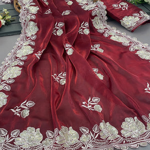 Maroon Floral Embroidered Satin Saree