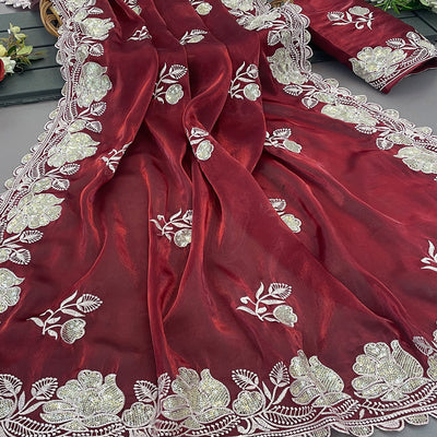 Maroon Floral Embroidered Satin Saree