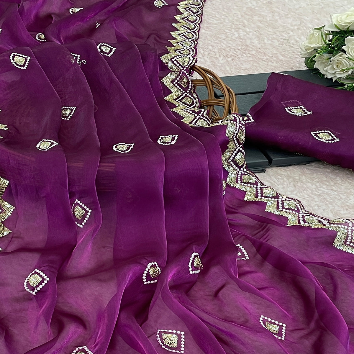 Magenta Sequins Embroidered Satin Saree