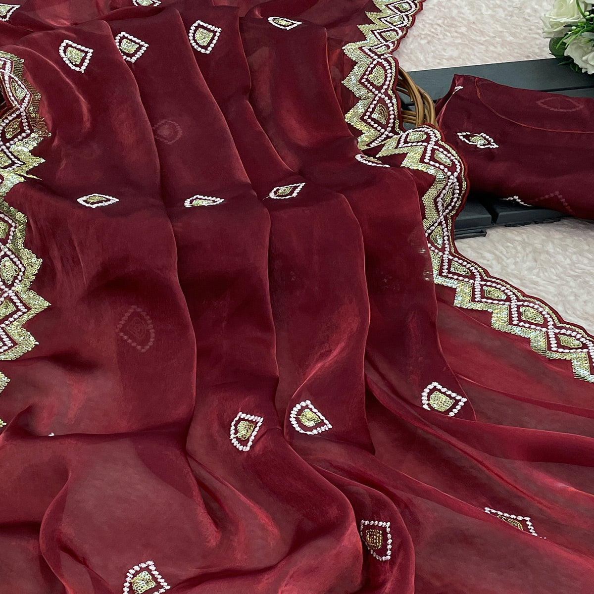 Maroon Sequins Embroidered Satin Saree
