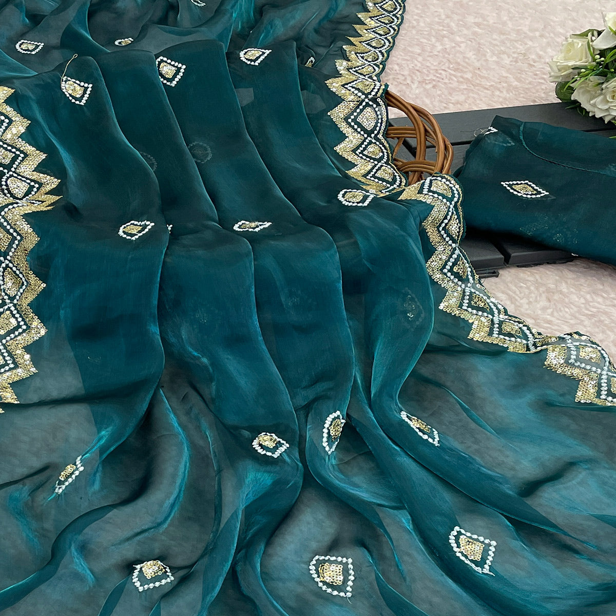 Morpich Blue Sequins Embroidered Satin Saree
