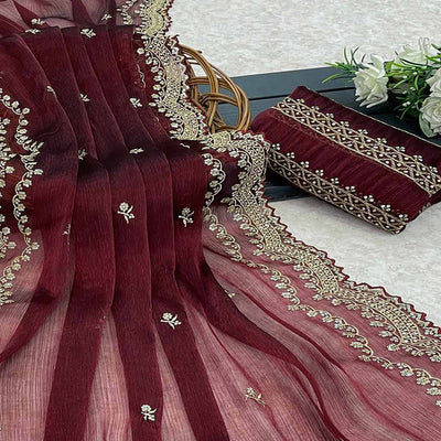 Maroon Embroidered Chiffon Saree