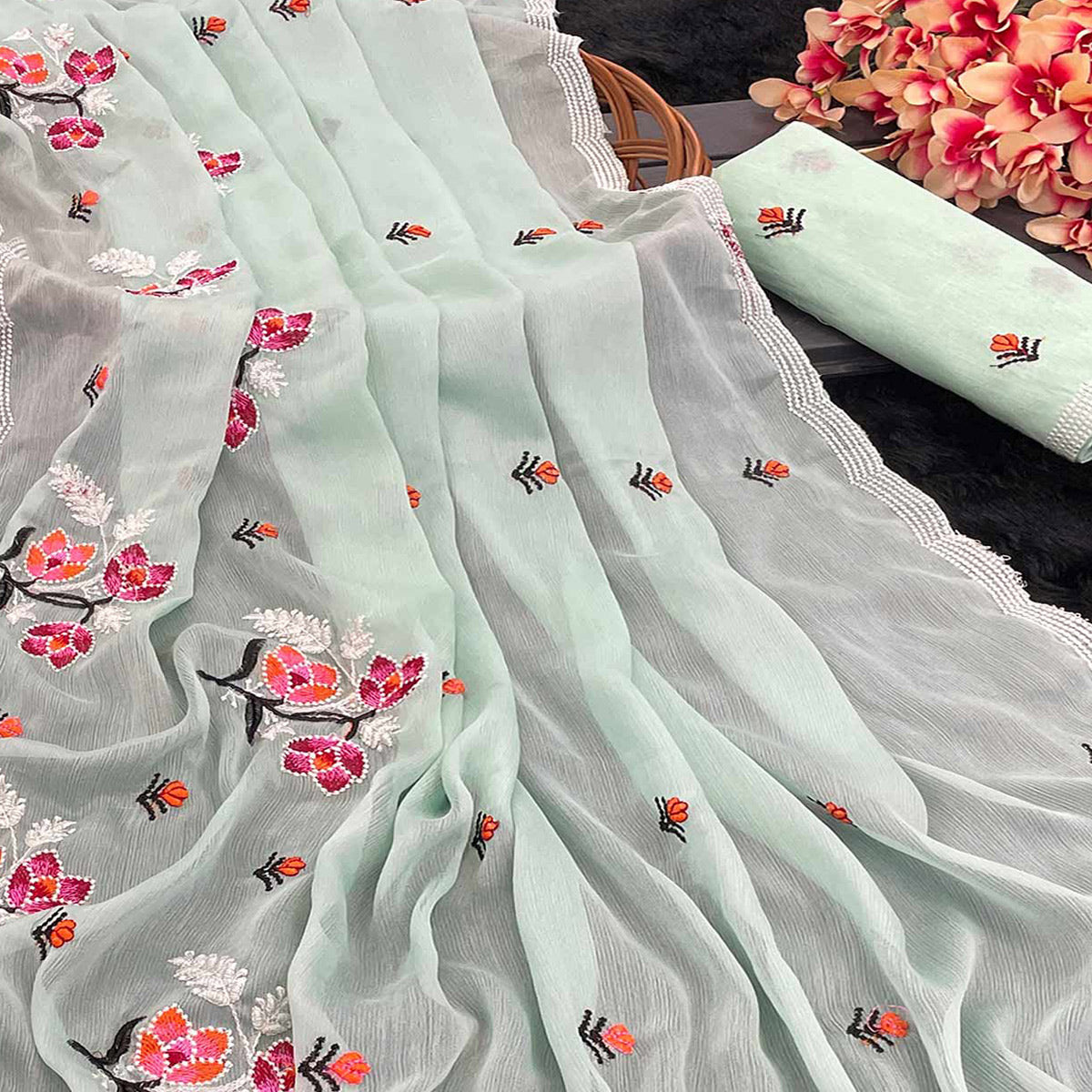 Mint Green Floral Embroidered Chiffon Saree