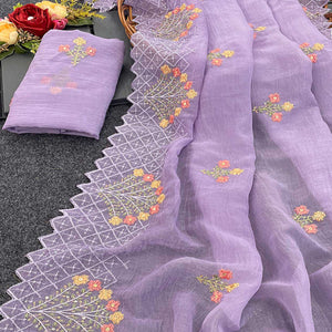 Lavender Floral Sequins Embroidered Art Silk Crush Saree