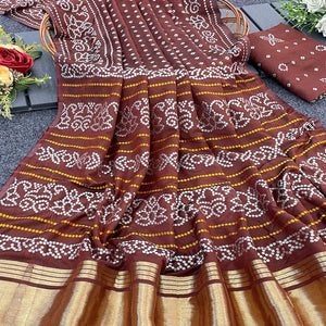 Brown Bandhani Zari Woven Dola Silk Saree
