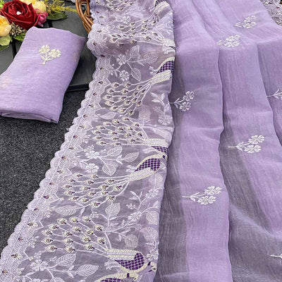 Light Lavender Floral Sequins Embroidered Art Silk Crush Saree