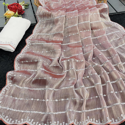 Brown Sequins Work Embroidered Chiffon Saree