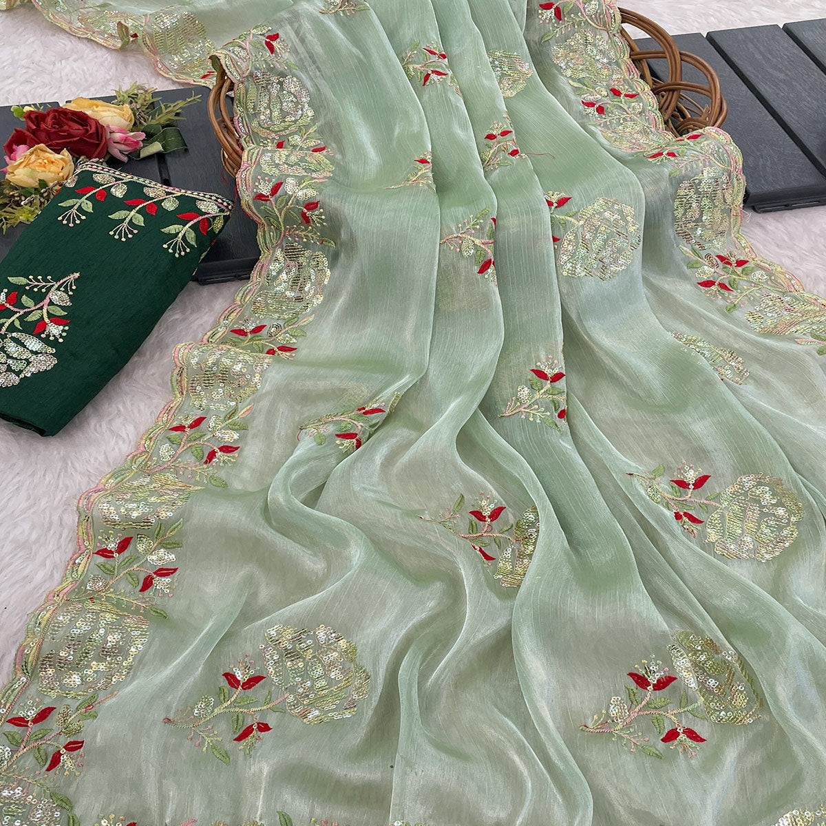 green-sequins-work-embroidered-chiffon-saree