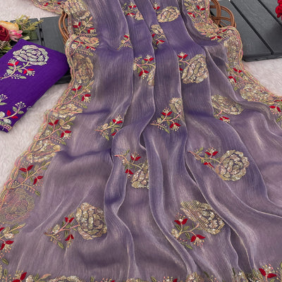 Lavender Sequins Work Embroidered Chiffon Saree
