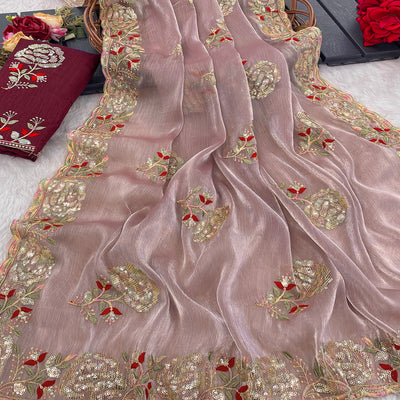 Light Pink Sequins Work Embroidered Chiffon Saree