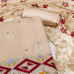Chikoo Floral Woven Banarasi Silk Dress Material