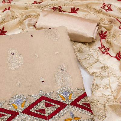 Chikoo Floral Woven Banarasi Silk Dress Material