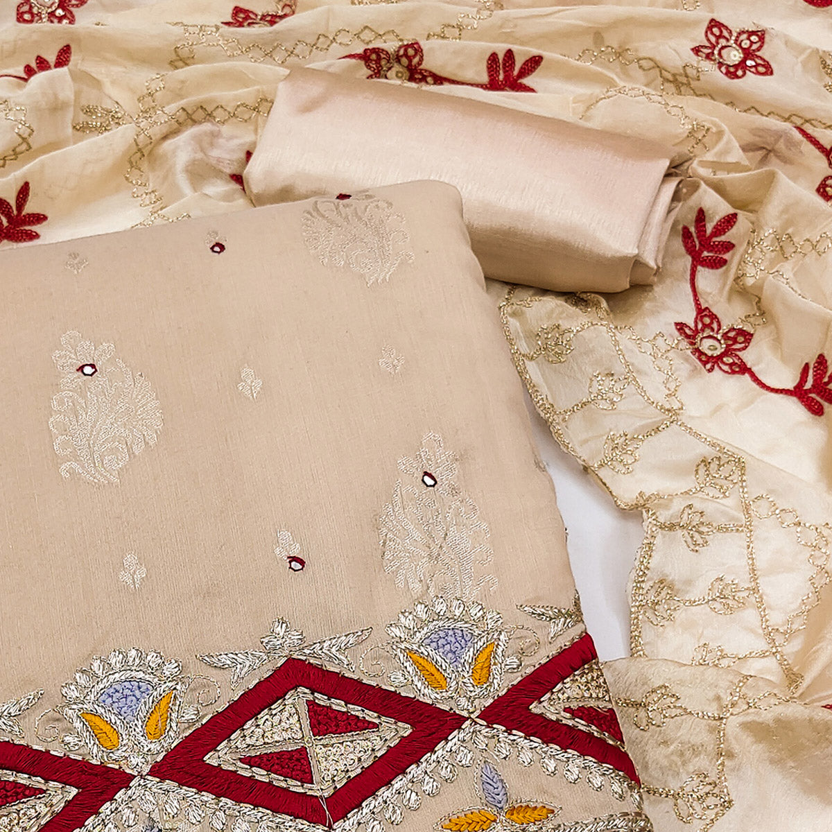 Chikoo Floral Woven Banarasi Silk Dress Material