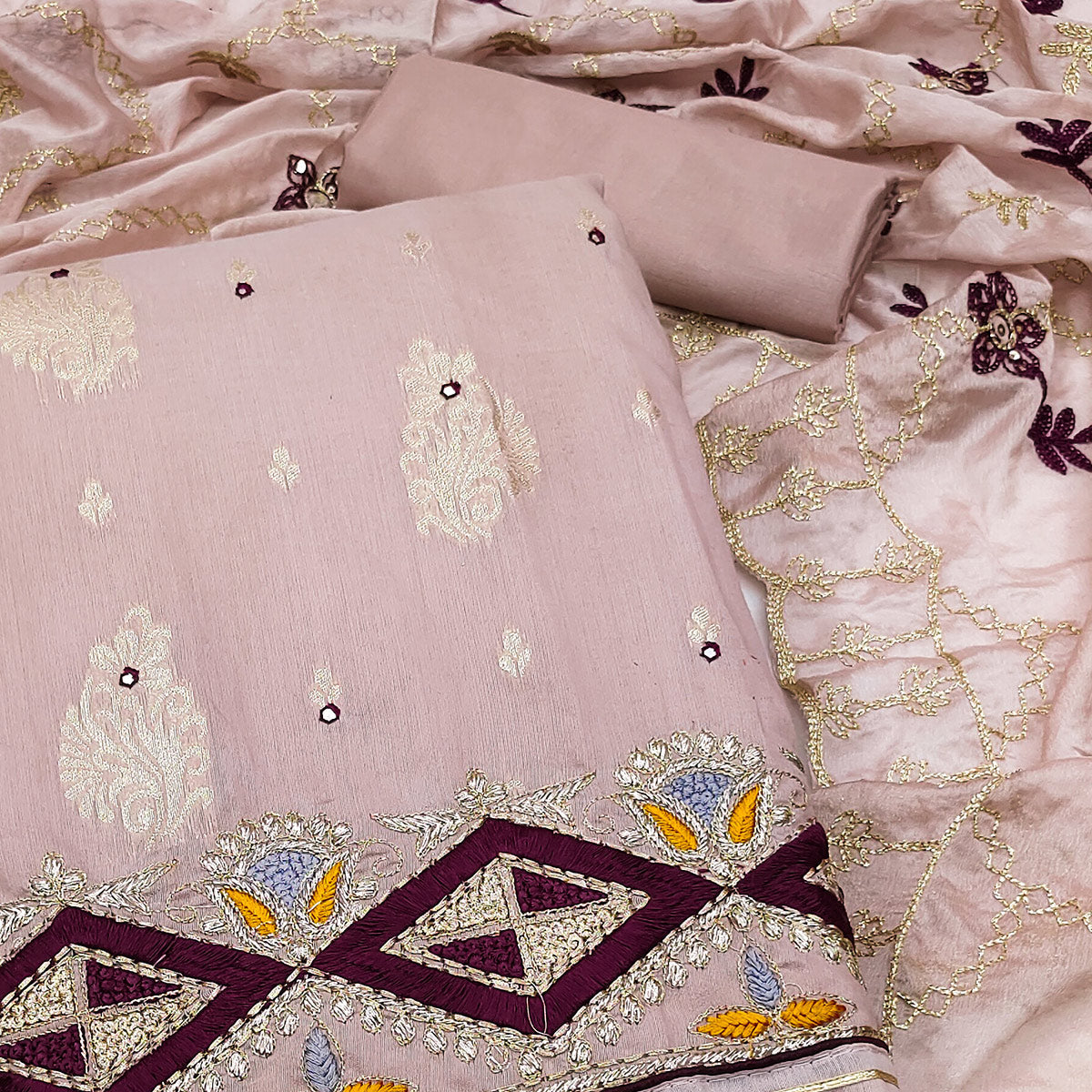 Mauve Floral Woven Banarasi Silk Dress Material