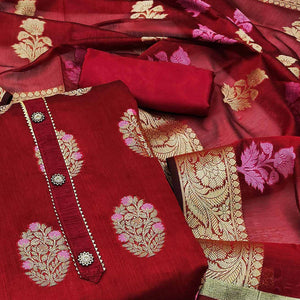 Maroon Floral Woven Banarasi Silk Dress Material